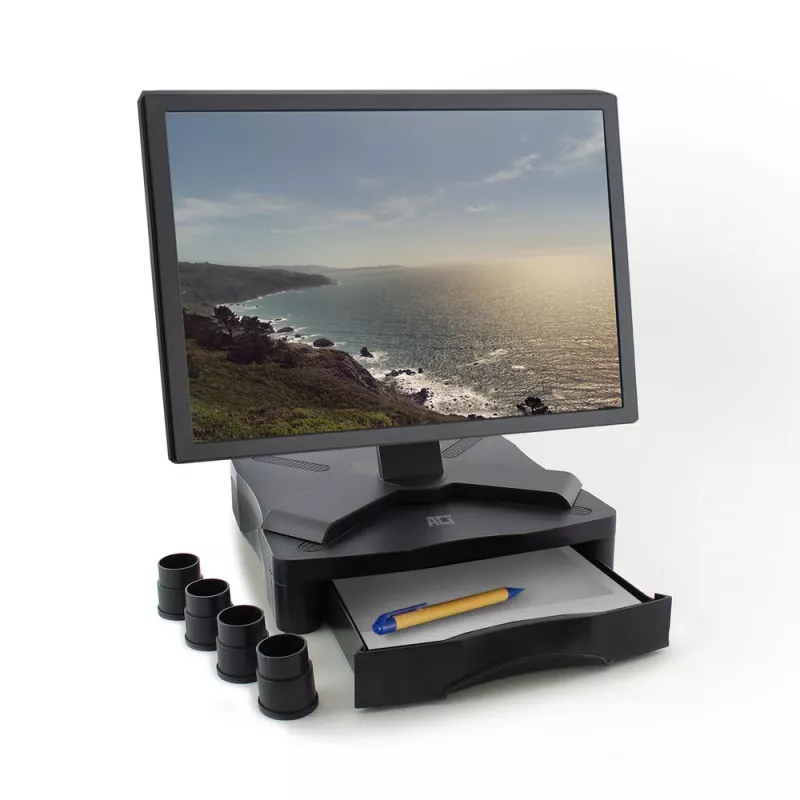 Soporte para monitor ACT AC8200 regulable en altura con un cajón Negro