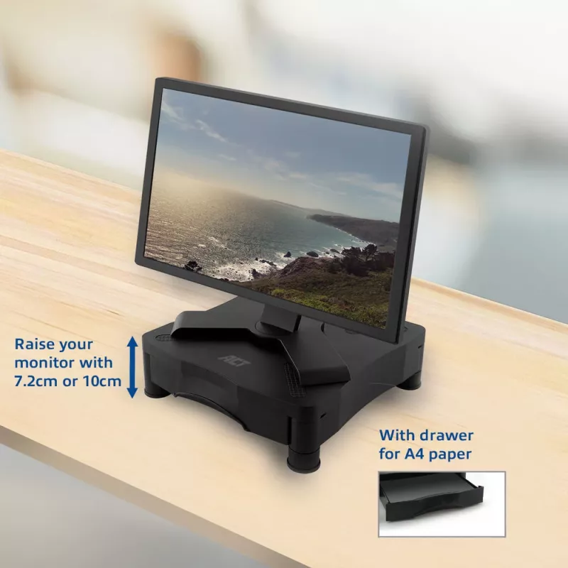 Soporte para monitor ACT AC8200 regulable en altura con un cajón Negro