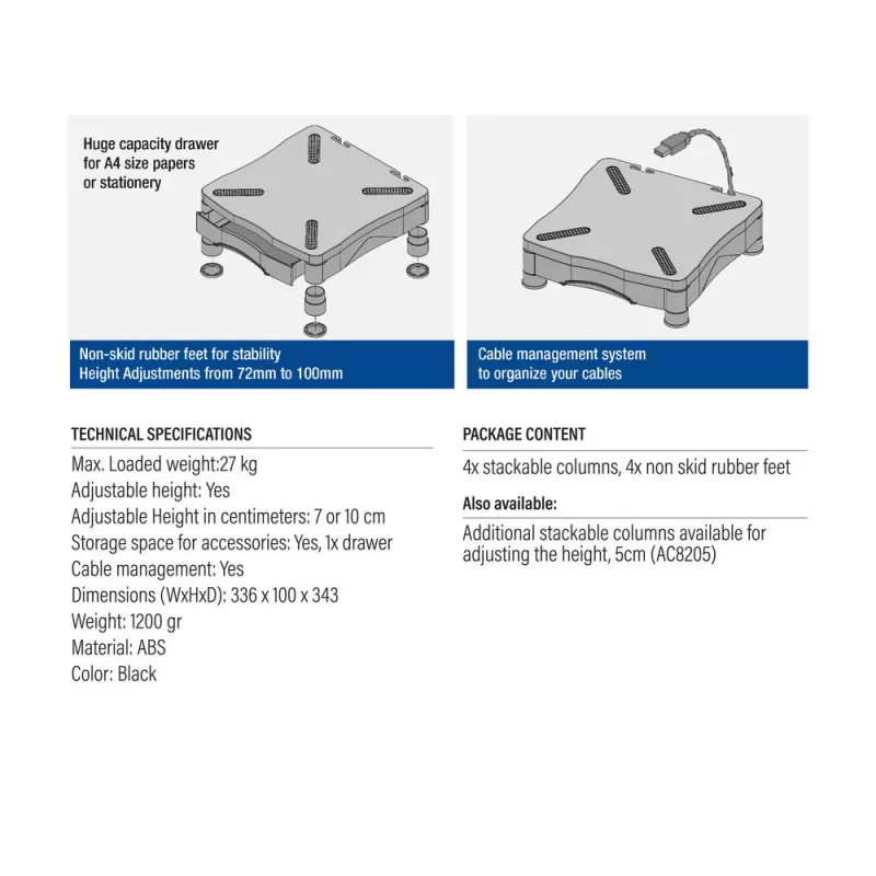 Soporte para monitor ACT AC8200 regulable en altura con un cajón Negro