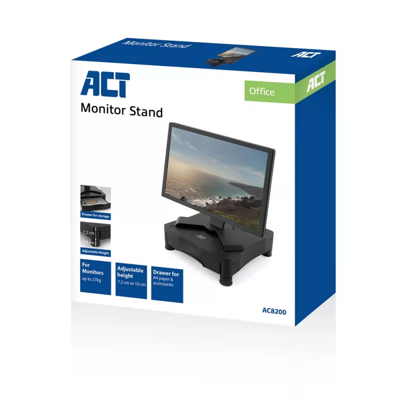 Soporte para monitor ACT AC8200 regulable en altura con un cajón Negro