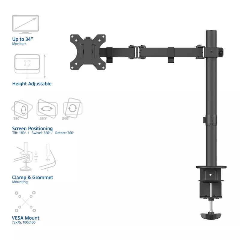 Brazo para un monitor ACT con pinza/pasacables 8 kg 10-32 pulgadas