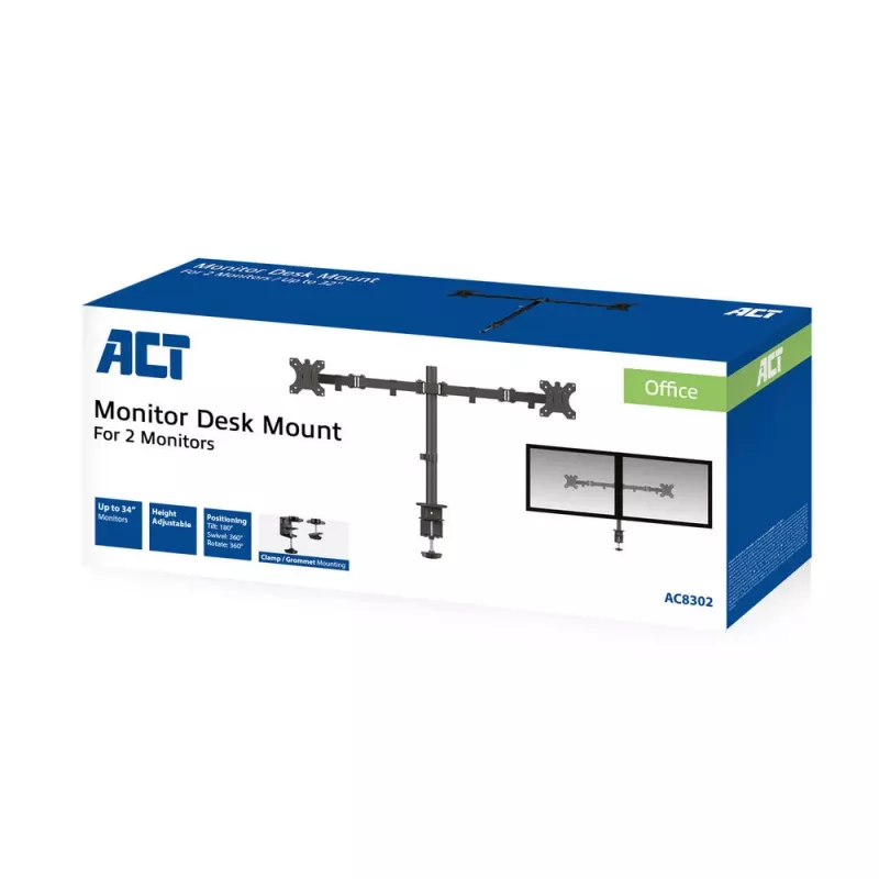 Brazo para dos monitores ACT con pinza/pasacables 16 kg 10-32 pulgadas
