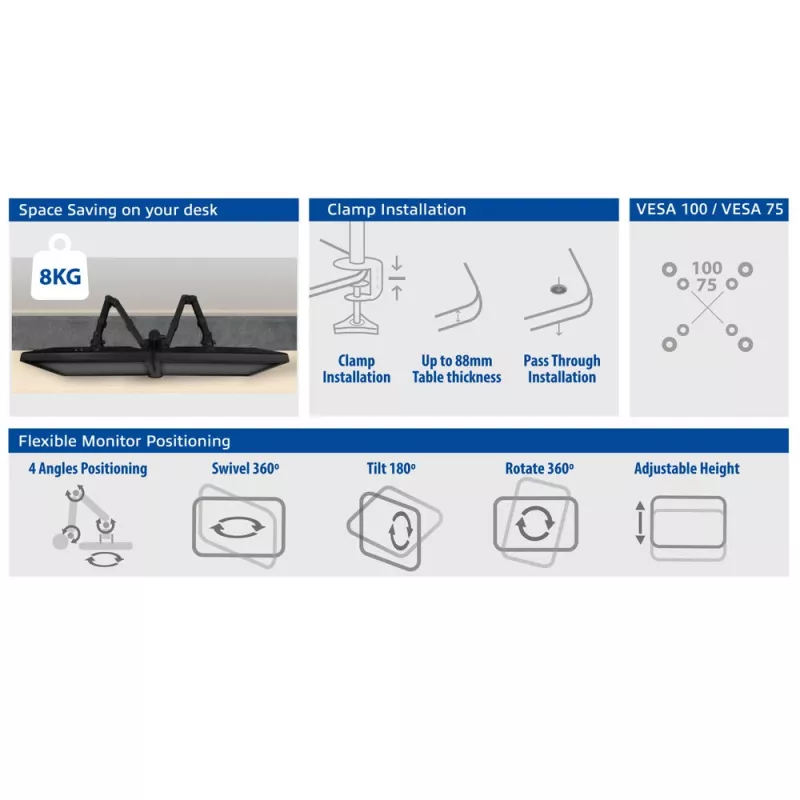 Brazo para dos monitores ACT con pinza/pasacables 16 kg 10-32 pulgadas