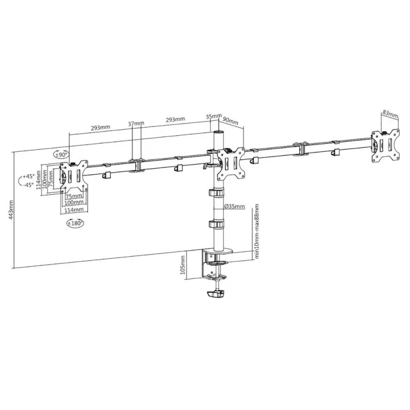 Brazo para tres monitores ACT con pinza/pasacables 30 kg 13-27 pulgadas