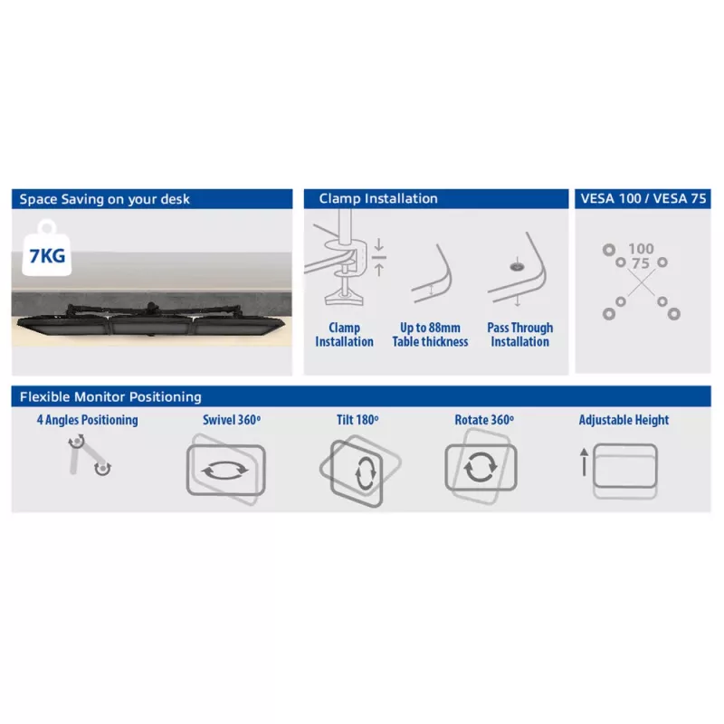 Brazo para tres monitores ACT con pinza/pasacables 30 kg 13-27 pulgadas