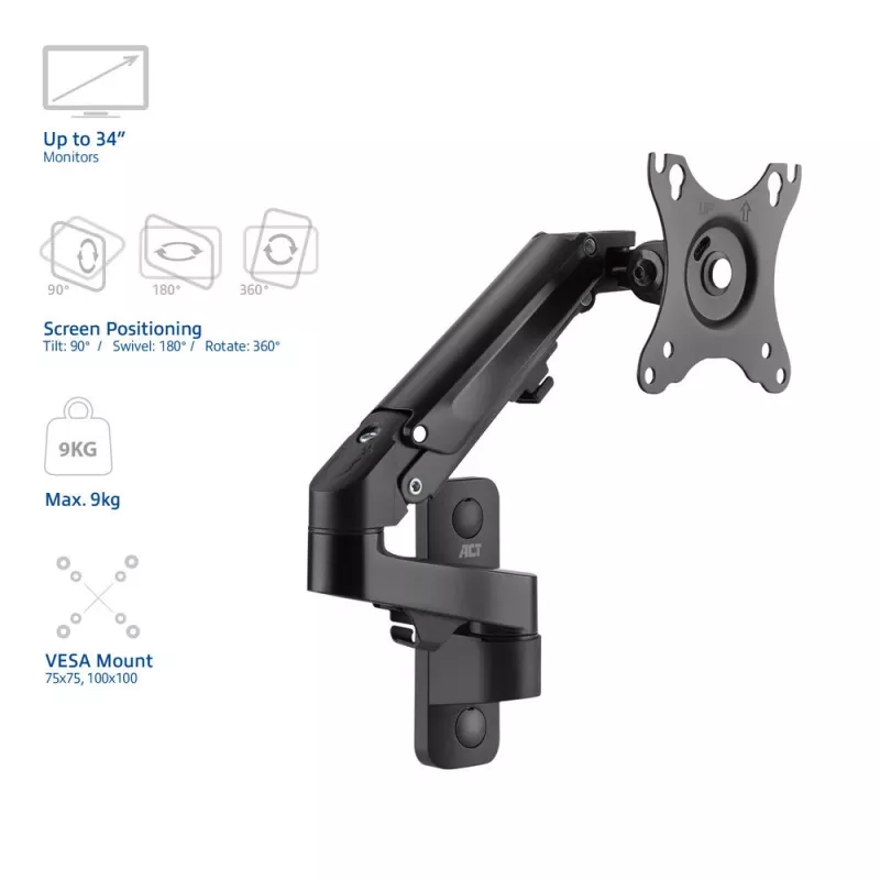 Soporte de pared para monitor ACT con muelle de gas, 1 pantalla, peso máx. 7 kg