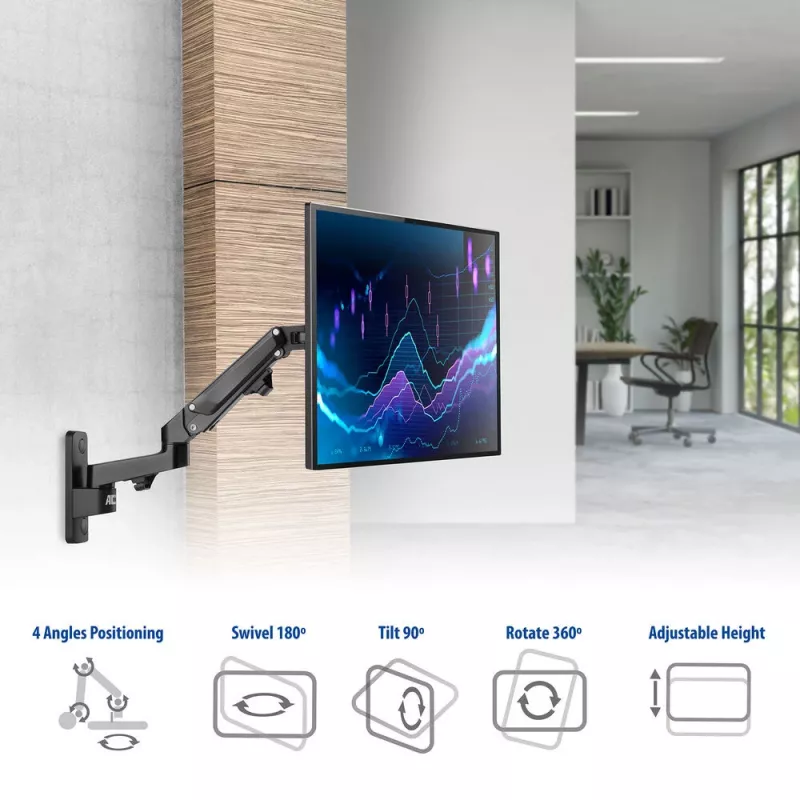 Soporte de pared para monitor ACT con muelle de gas, 1 pantalla, peso máx. 7 kg