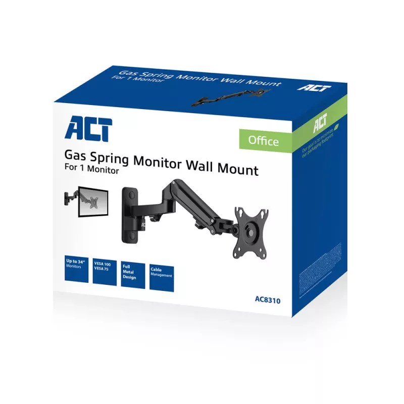 Soporte de pared para monitor ACT con muelle de gas, 1 pantalla, peso máx. 7 kg