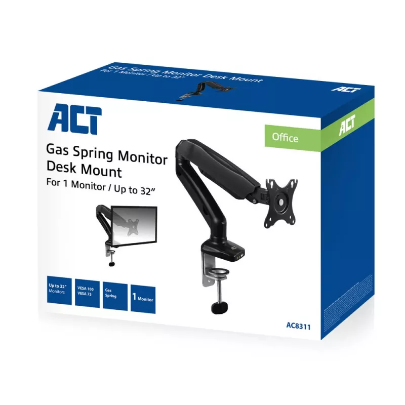 Brazo para monitor ACT con muelle de gas Oficina Negro AC8311 pinza/pasacables 9 kg