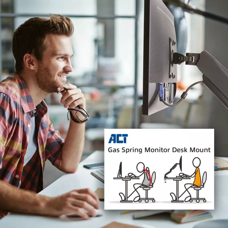 Brazo para monitor ACT con muelle de gas Oficina Negro AC8311 pinza/pasacables 9 kg