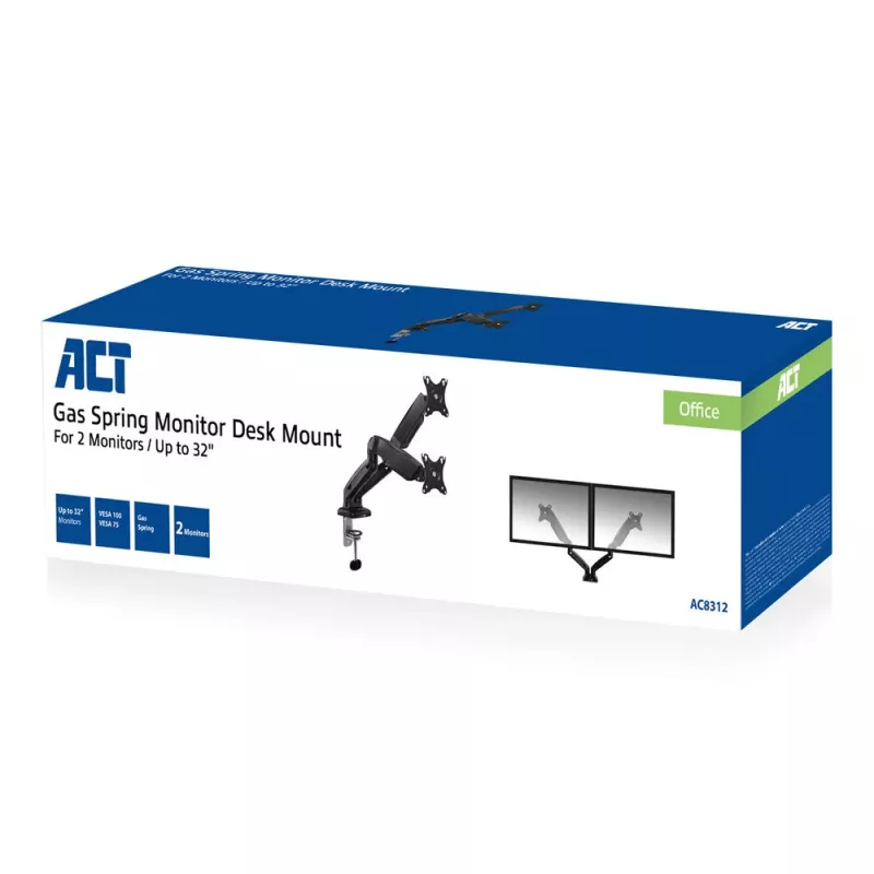 Brazo doble para monitor ACT con muelle de gas Oficina con pinza/pasacables 18 kg