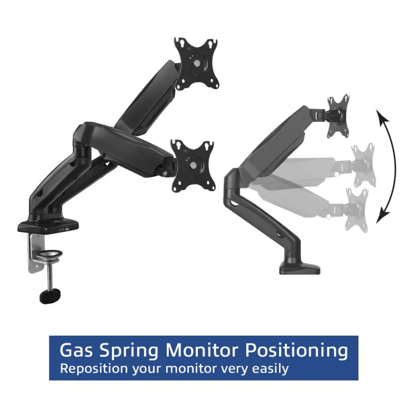 Brazo doble para monitor ACT con muelle de gas Oficina con pinza/pasacables 18 kg