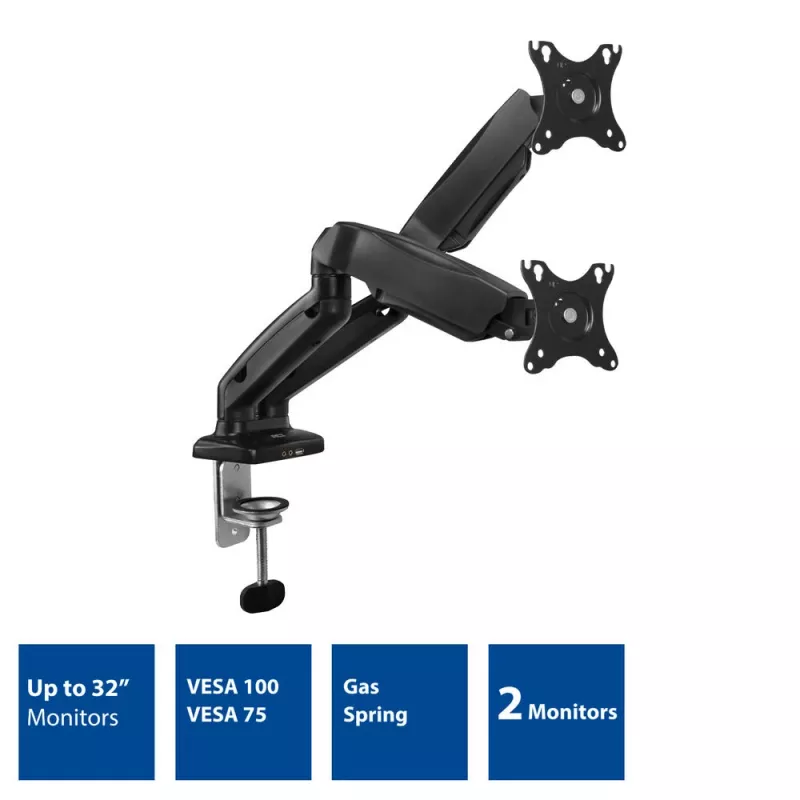 Brazo doble para monitor ACT con muelle de gas Oficina con pinza/pasacables 18 kg