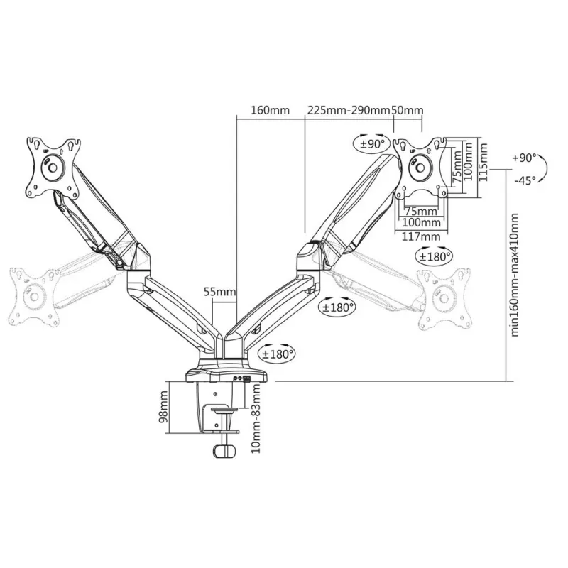 Brazo doble para monitor ACT con muelle de gas Oficina con pinza/pasacables 18 kg