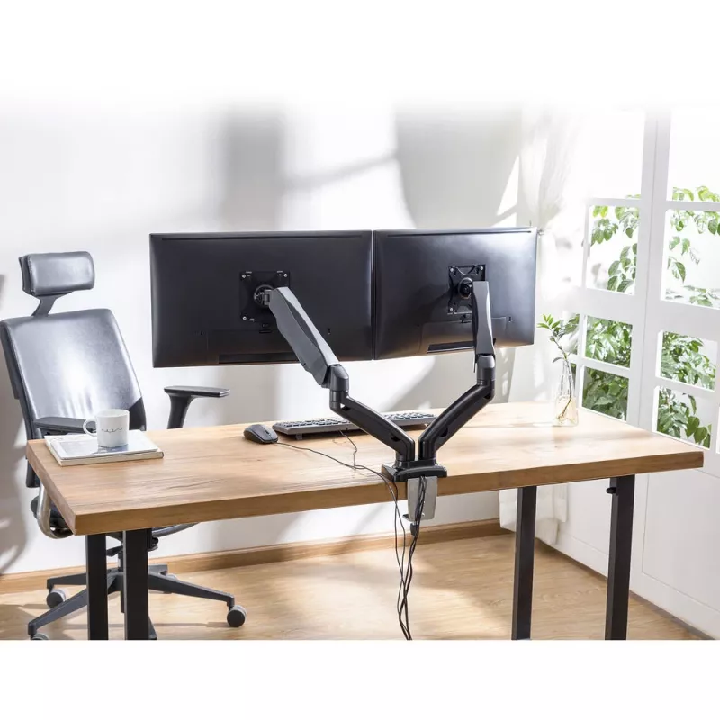 Brazo doble para monitor ACT con muelle de gas Oficina con pinza/pasacables 18 kg