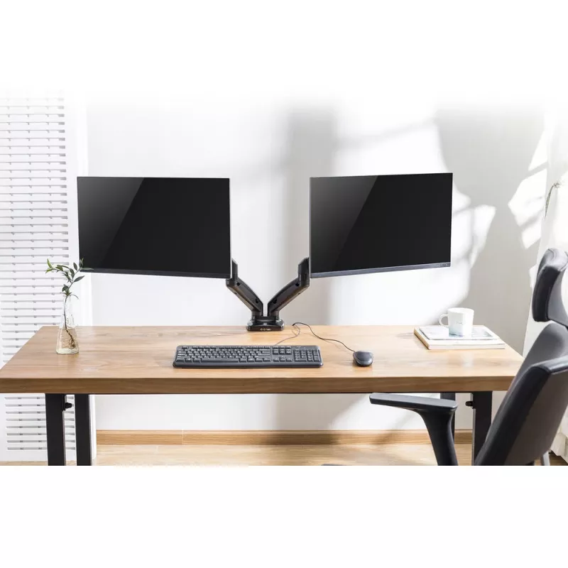 Brazo doble para monitor ACT con muelle de gas Oficina con pinza/pasacables 18 kg