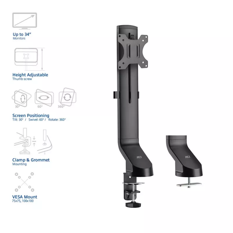 Brazo para un monitor ACT para oficina, regulación rápida de altura, con pinza/pasacables, 8 kg