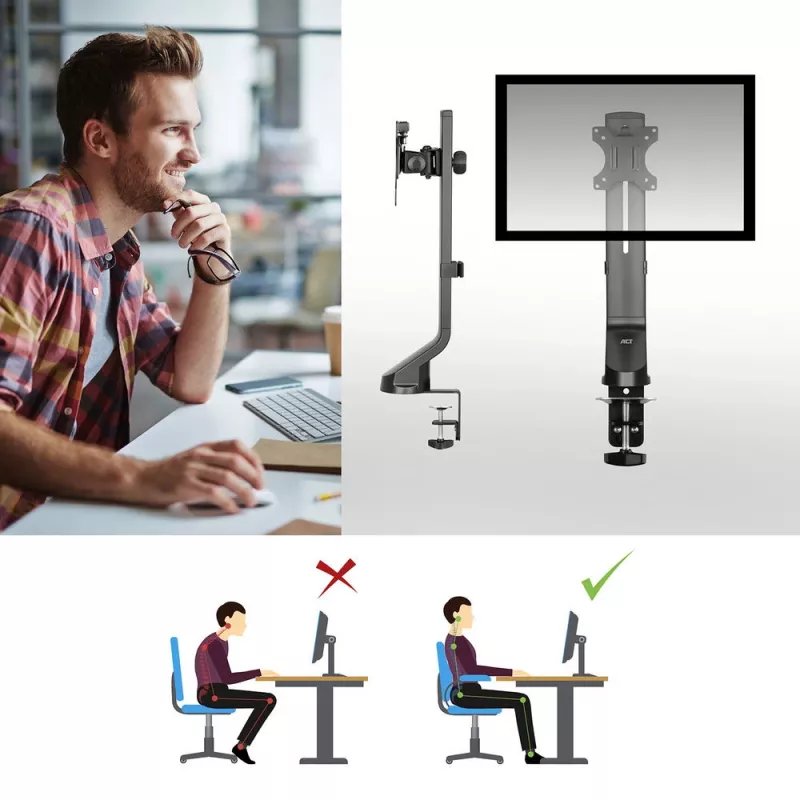 Brazo para un monitor ACT para oficina, regulación rápida de altura, con pinza/pasacables, 8 kg