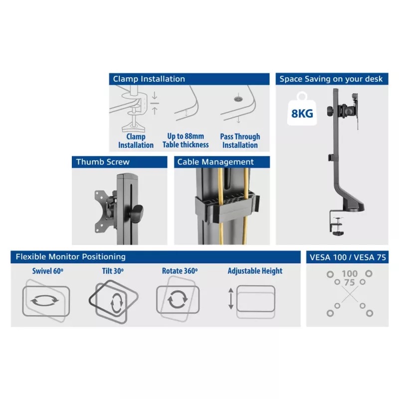 Brazo para un monitor ACT para oficina, regulación rápida de altura, con pinza/pasacables, 8 kg