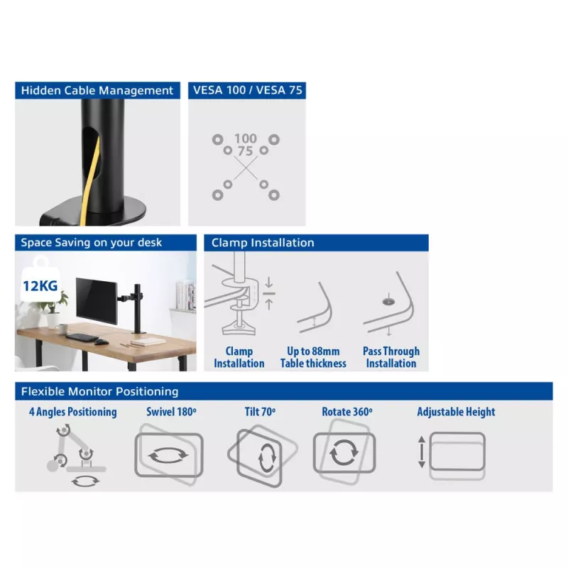 ACT AC8325 soporte de escritorio para monitor de hasta 32 pulgadas, pinza / fijación pasante, negro