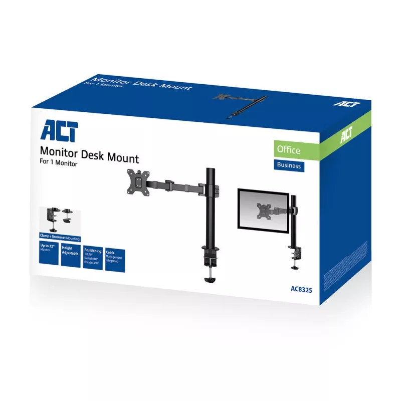 ACT AC8325 soporte de escritorio para monitor de hasta 32 pulgadas, pinza / fijación pasante, negro