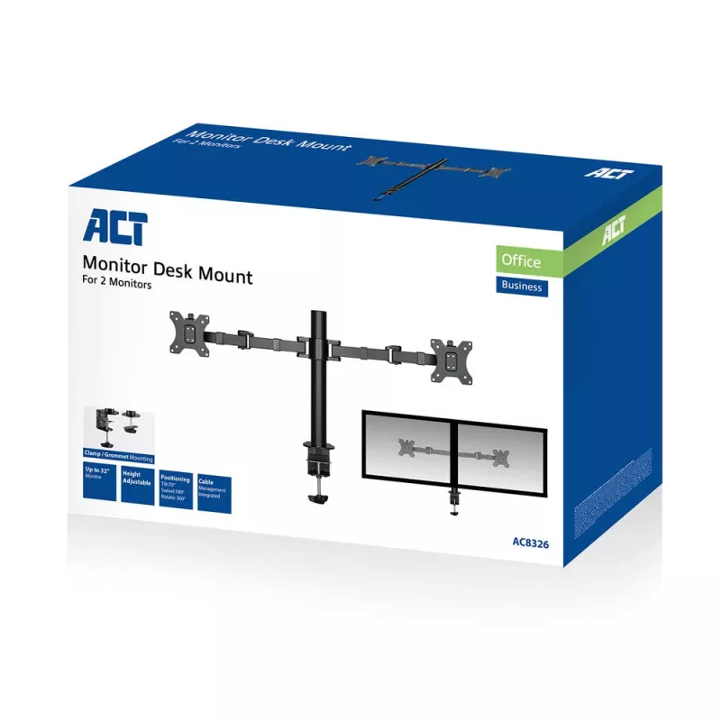 Brazo doble para monitor ACT Office Solid Pro – con pinza/pasacables – 12 kg – 10-32 pulgadas