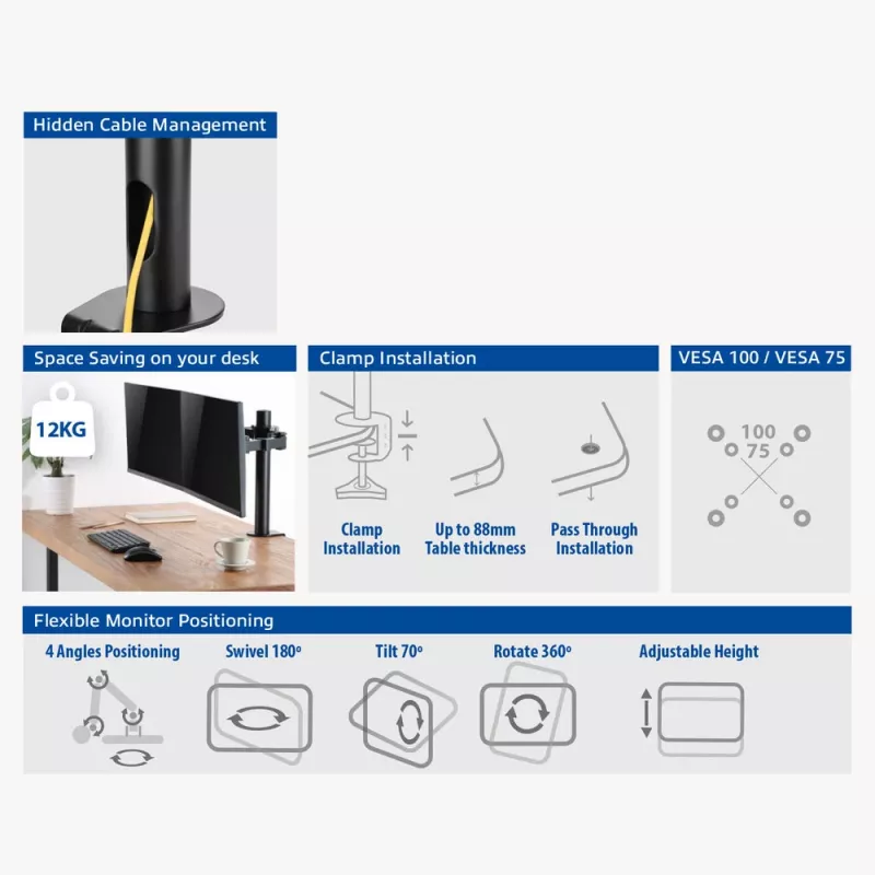 Brazo doble para monitor ACT Office Solid Pro – con pinza/pasacables – 12 kg – 10-32 pulgadas