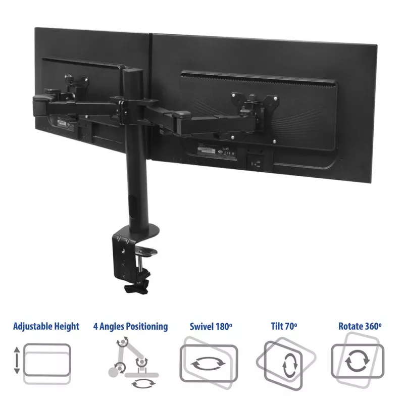 Brazo doble para monitor ACT Office Solid Pro – con pinza/pasacables – 12 kg – 10-32 pulgadas