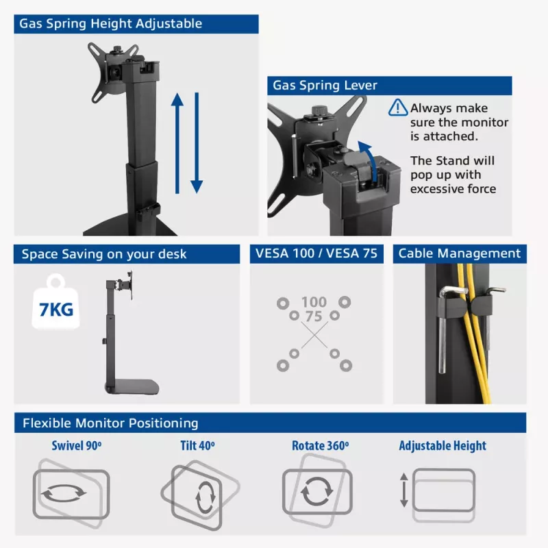 Brazo para monitor ACT de pie con muelle de gas para oficina, capacidad de carga 7 kg, 10 a 32 pulgadas