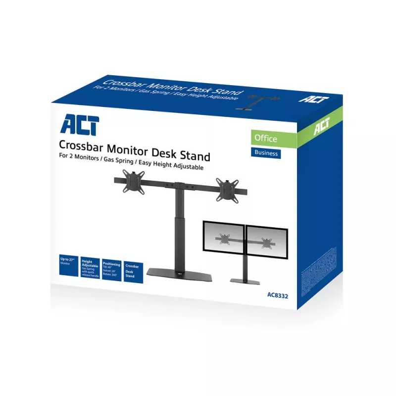 Brazo para monitor ACT 27 pulgadas oficina, de pie con muelle de gas, barra transversal, 2 monitores
