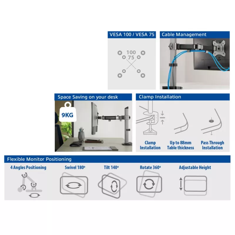 ACT AC8335 soporte de escritorio para un monitor de hasta 32 pulgadas, pinza / fijación pasante, plateado
