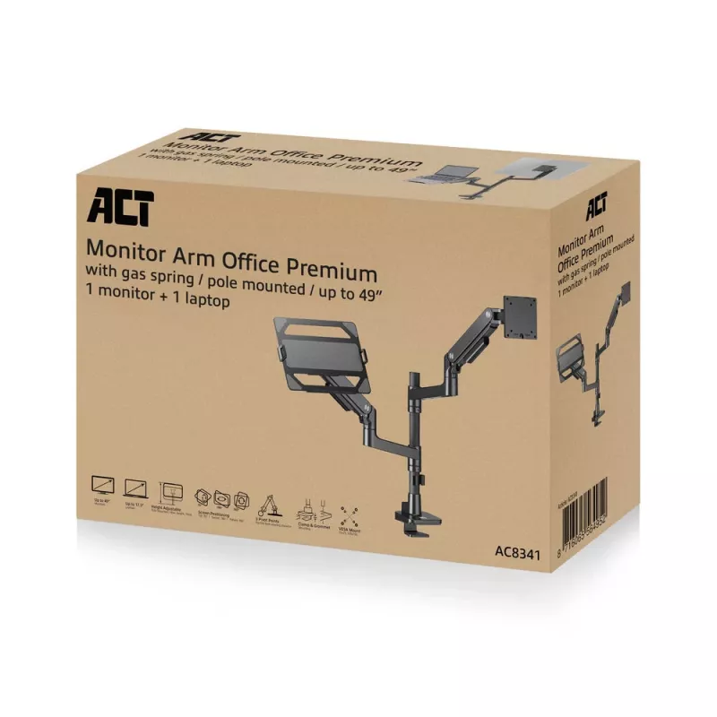 ACT AC8341 brazo para un monitor con soporte para portátil Office Premium, con resorte de gas, montaje en poste