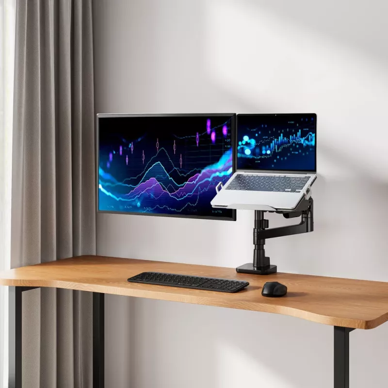 ACT AC8341 brazo para un monitor con soporte para portátil Office Premium, con resorte de gas, montaje en poste