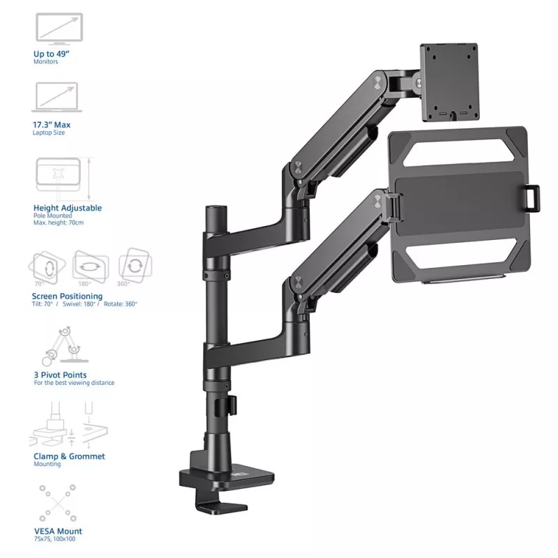 ACT AC8341 brazo para un monitor con soporte para portátil Office Premium, con resorte de gas, montaje en poste