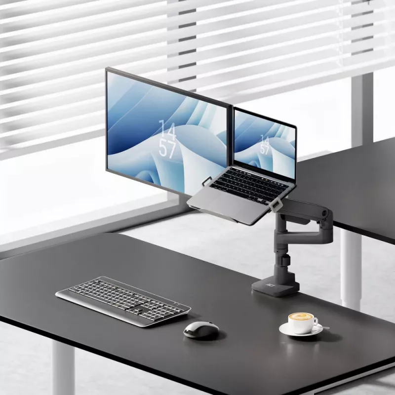 ACT AC8341 brazo para un monitor con soporte para portátil Office Premium, con resorte de gas, montaje en poste