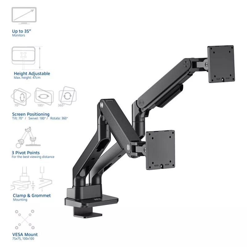 ACT AC8342 brazo para dos monitores Office Premium, con resorte de gas, 2 monitores