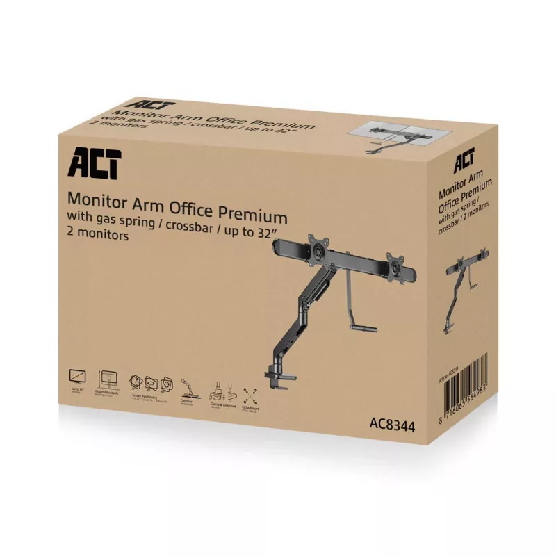 Brazo para monitor ACT 32 pulgadas Oficina Premium, muelle de gas, barra transversal, 2 monitores