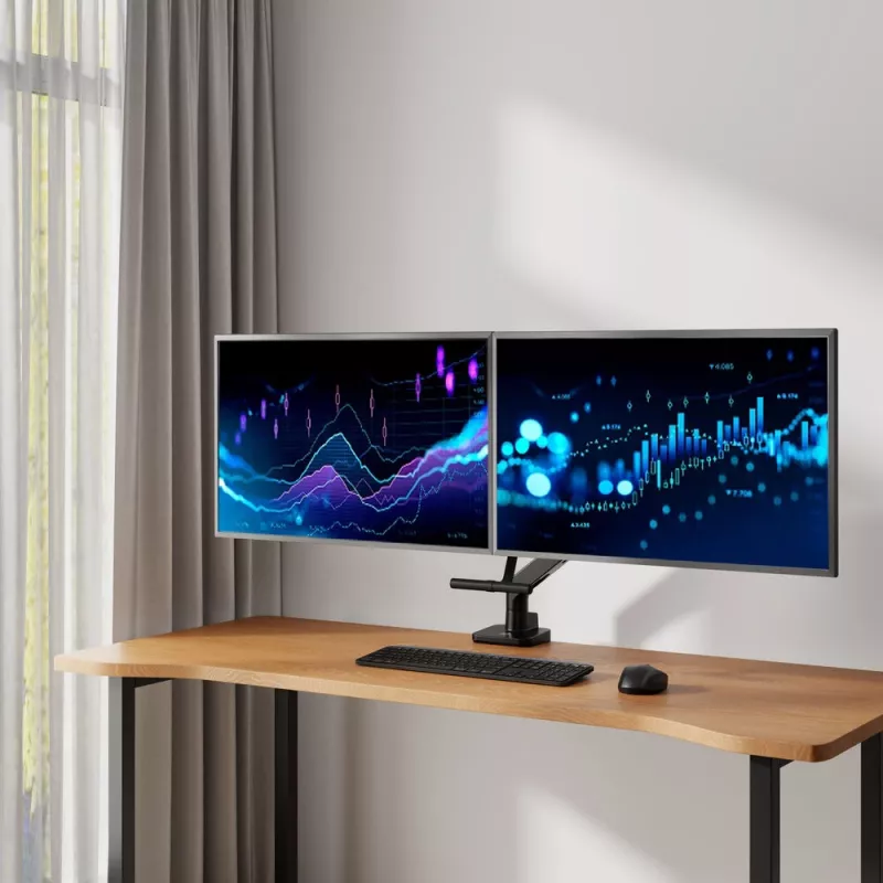 Brazo para monitor ACT 32 pulgadas Oficina Premium, muelle de gas, barra transversal, 2 monitores