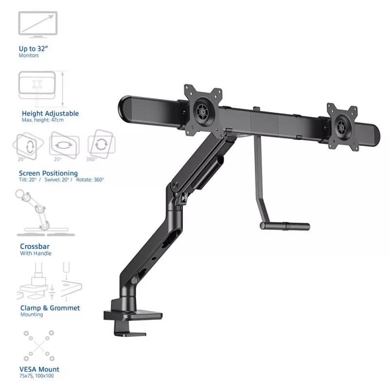 Brazo para monitor ACT 32 pulgadas Oficina Premium, muelle de gas, barra transversal, 2 monitores