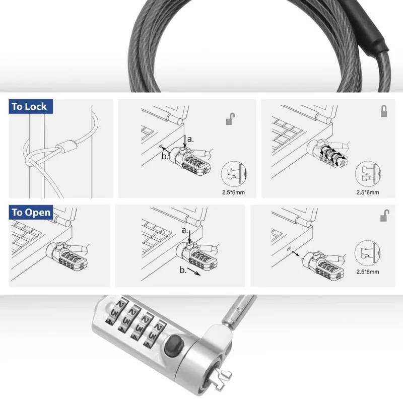 Candado para portátil ACT Nano con candado de combinación cable de 2 m