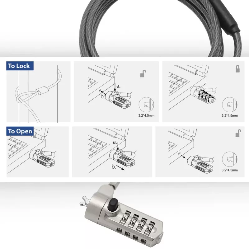 Candado para portátil ACT Wedge con candado de combinación metálico cable de 2 m
