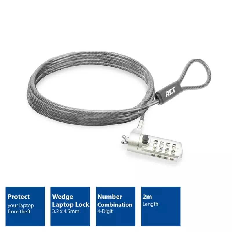 Candado para portátil ACT Wedge con candado de combinación metálico cable de 2 m