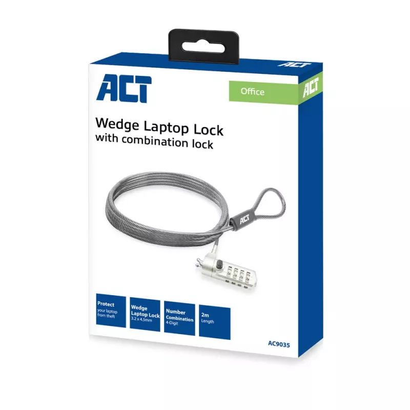Candado para portátil ACT Wedge con candado de combinación metálico cable de 2 m