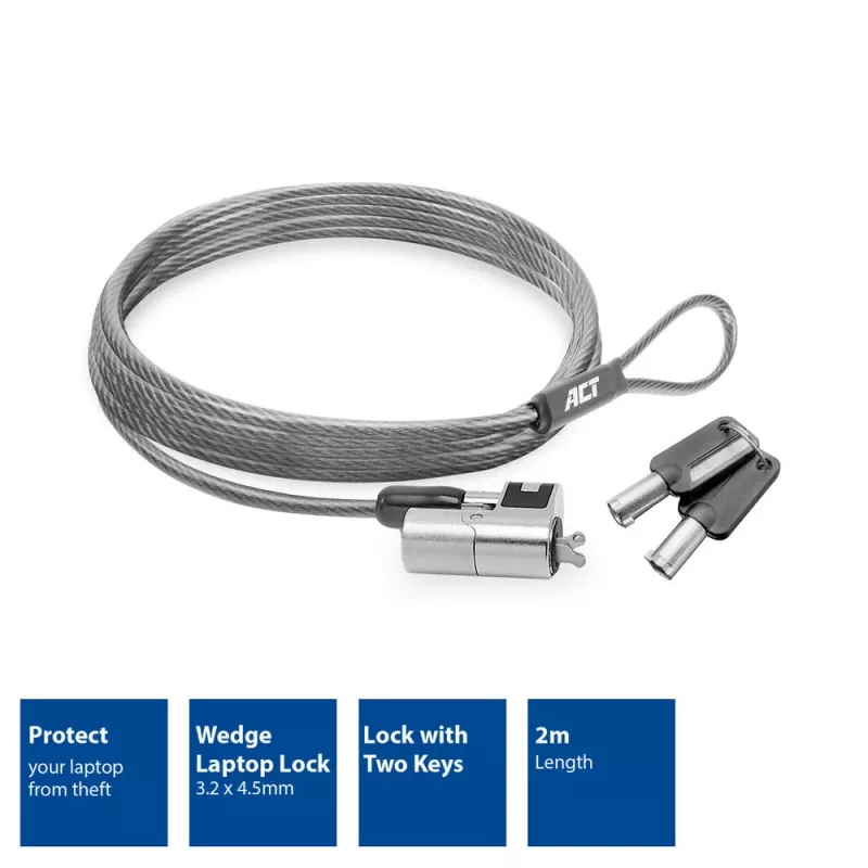Candado para portátil ACT Wedge con llaves metálico cable de 2 m
