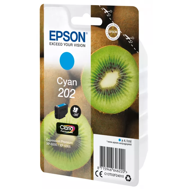Epson Kiwi Singlepack cian 202 Claria Premium Ink, rendimiento estándar, cian, 4,1 ml, 1 ud., 300 páginas