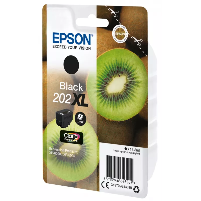 Epson Kiwi Singlepack negro 202XL Claria Premium tinta, rendimiento alto (XL), negro, tinta pigmentada, 13,8 ml, 1 ud., 550 páginas