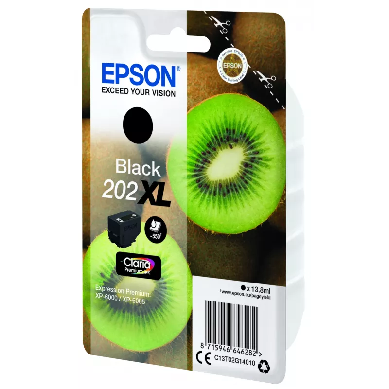 Epson Kiwi Singlepack negro 202XL Claria Premium tinta, rendimiento alto (XL), negro, tinta pigmentada, 13,8 ml, 1 ud., 550 páginas