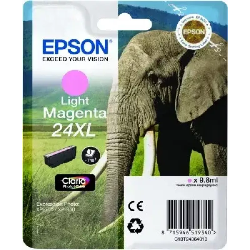 Cartucho de tinta Epson Elephant pack individual magenta claro 24XL Claria Photo HD (individual, a base de pigmento, magenta claro)