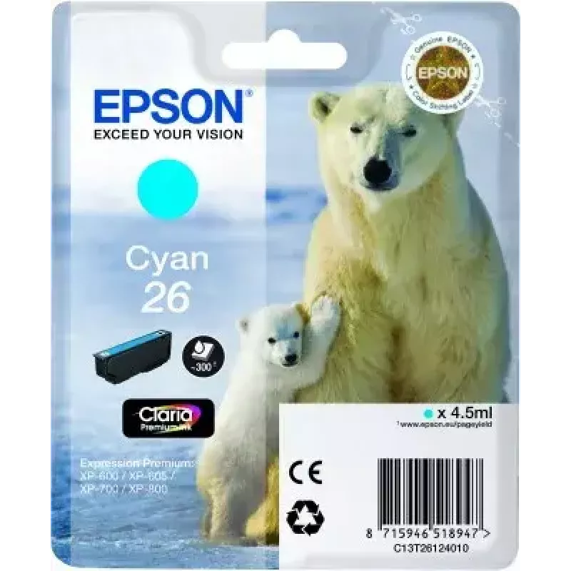 Cartucho de tinta Epson C13T26124010 pack individual cian 26 Claria Premium – cian, 1 ud.
