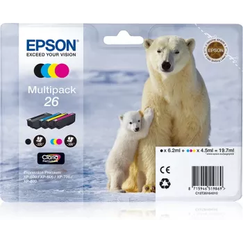 Epson Polar Bear multipack 4 colores 26 Claria Premium tinta, negro, cian, magenta, amarillo, 6,2 ml, 4,5 ml, 1 ud., multipack